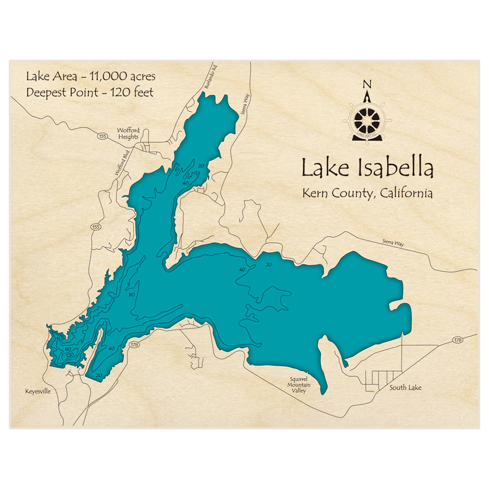 Bathymetric topo map of Lake Isabella with roads, towns and depths noted in blue water