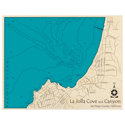 Bathymetric topo map of La Jolla Cove and Canyon with roads, towns and depths noted in blue water