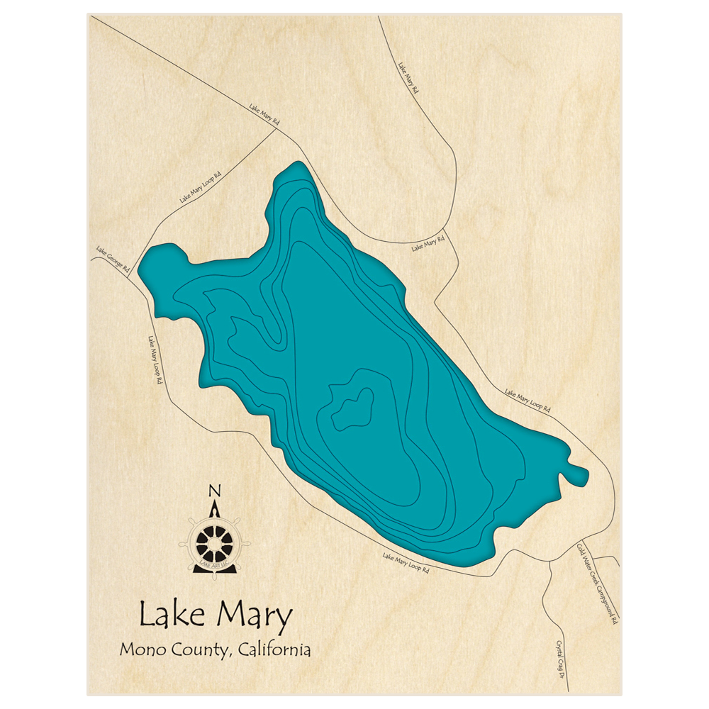 Bathymetric topo map of Lake Mary  with roads, towns and depths noted in blue water