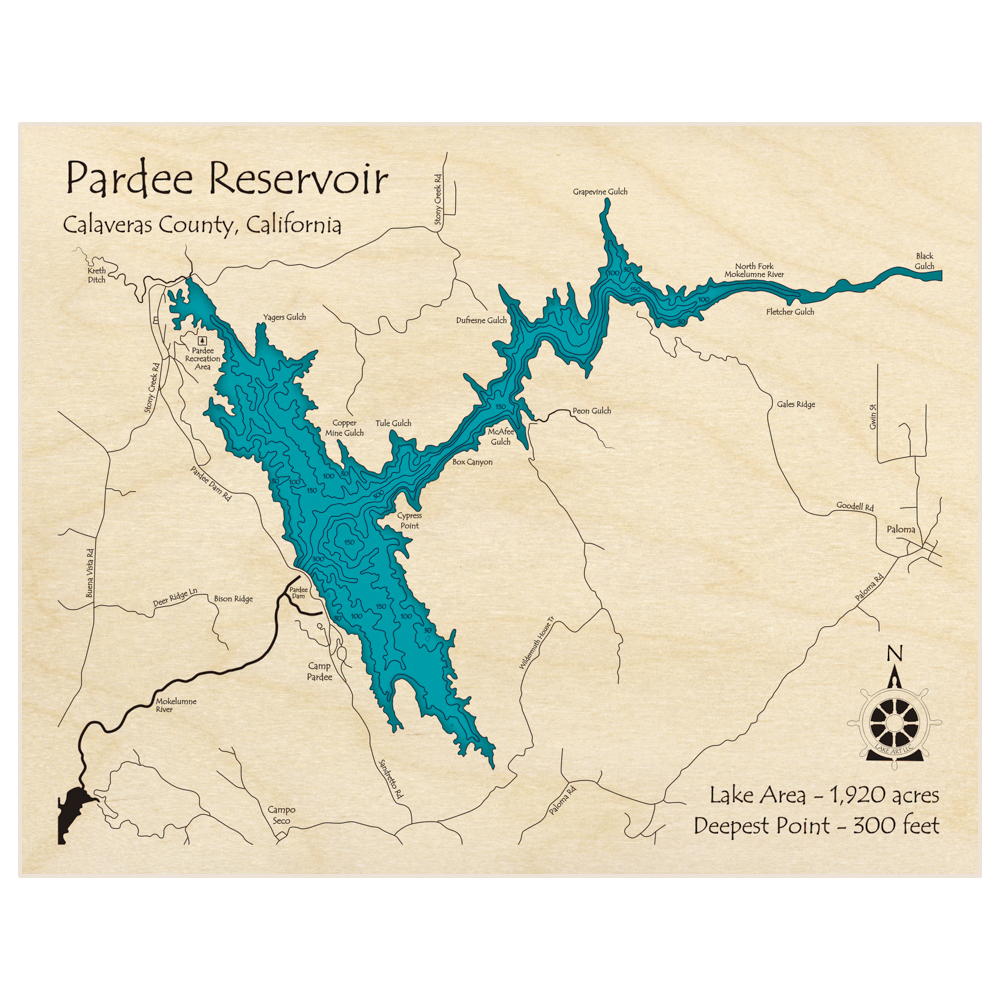 Pardee Reservoir 3D Custom Wood Map – Lake Art LLC