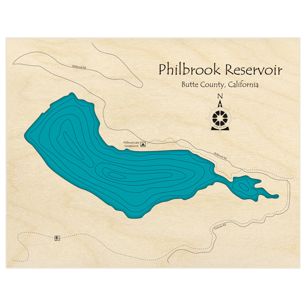 Bathymetric topo map of Philbrook Reservoir  with roads, towns and depths noted in blue water