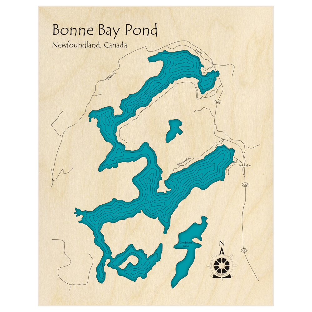 Bathymetric topo map of Bonne Bay  with roads, towns and depths noted in blue water