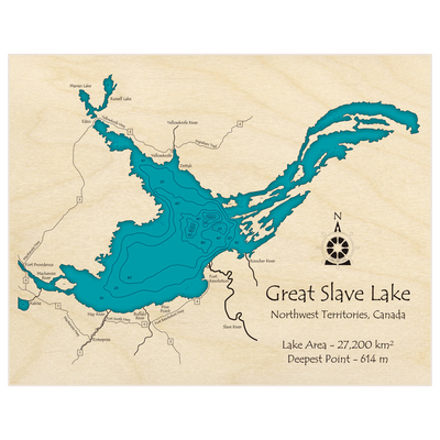 Bathymetric topo map of Great Slave Lake with roads, towns and depths noted in blue water