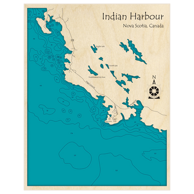 Bathymetric topo map of Indian Harbour with roads, towns and depths noted in blue water