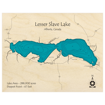 Bathymetric topo map of Lesser Slave Lake with roads, towns and depths noted in blue water