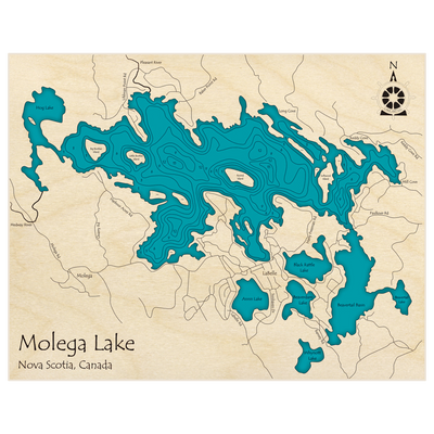 Bathymetric topo map of Molega Lake with roads, towns and depths noted in blue water