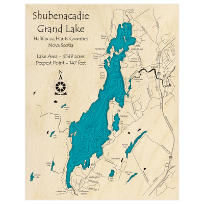 Bathymetric topo map of Shubenacadie Grand Lake with roads, towns and depths noted in blue water