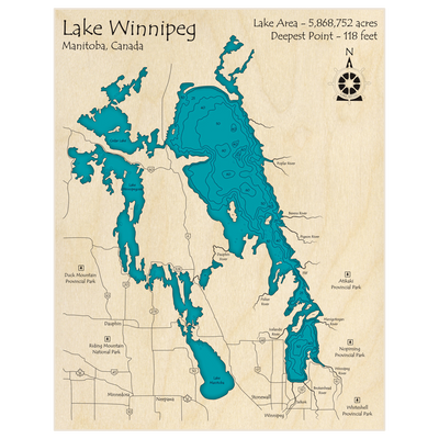 Bathymetric topo map of Lake Winnipeg with roads, towns and depths noted in blue water