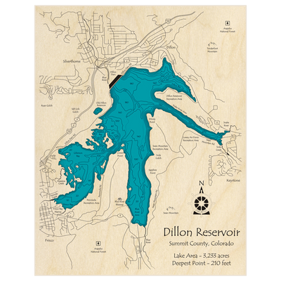 Bathymetric topo map of Dillon Reservoir with roads, towns and depths noted in blue water