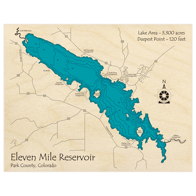 Bathymetric topo map of Eleven Mile Reservoir with roads, towns and depths noted in blue water