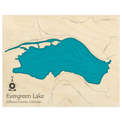 Bathymetric topo map of Evergreen Lake  with roads, towns and depths noted in blue water