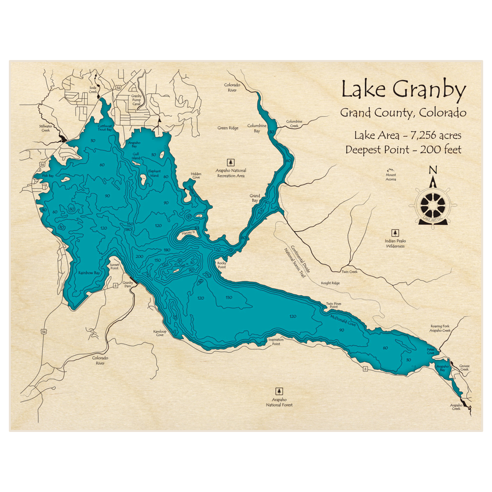 Bathymetric topo map of Granby Lake with roads, towns and depths noted in blue water