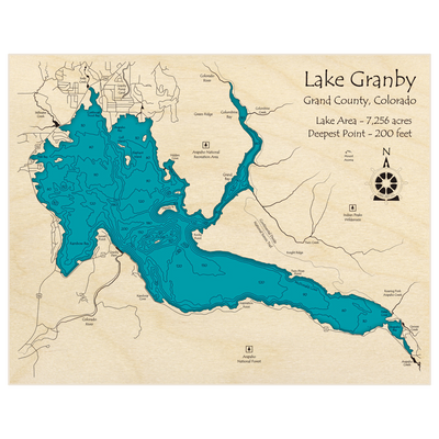 Bathymetric topo map of Granby Lake with roads, towns and depths noted in blue water