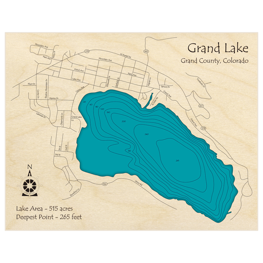 Bathymetric topo map of Grand Lake with roads, towns and depths noted in blue water