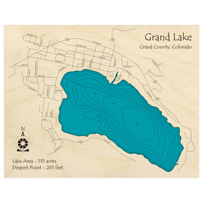 Bathymetric topo map of Grand Lake with roads, towns and depths noted in blue water