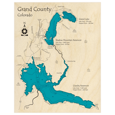 Bathymetric topo map of Grand County Lakes (With Grand Shadow Mountain and Granby) with roads, towns and depths noted in blue water