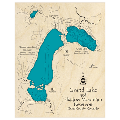 Bathymetric topo map of Grand Lake and Shadow Mountain Reservoir with roads, towns and depths noted in blue water