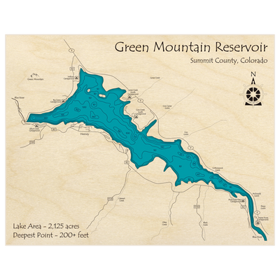 Bathymetric topo map of Green Mountain Reservoir with roads, towns and depths noted in blue water