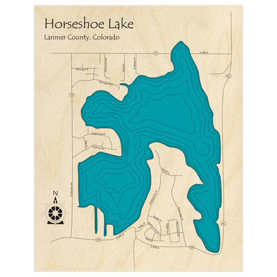 Bathymetric topo map of Horseshoe Lake  with roads, towns and depths noted in blue water