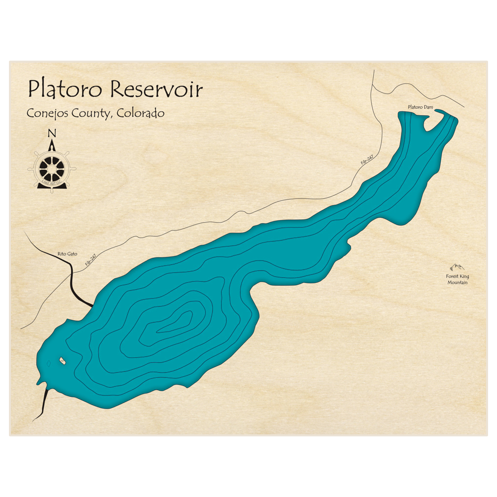 Bathymetric topo map of Platoro Reservoir  with roads, towns and depths noted in blue water