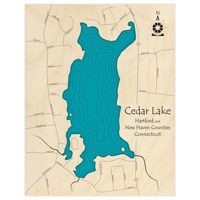 Bathymetric topo map of Cedar Lake with roads, towns and depths noted in blue water