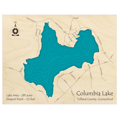 Bathymetric topo map of Columbia Lake with roads, towns and depths noted in blue water