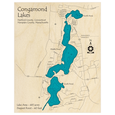 Bathymetric topo map of Congamond Lakes with roads, towns and depths noted in blue water