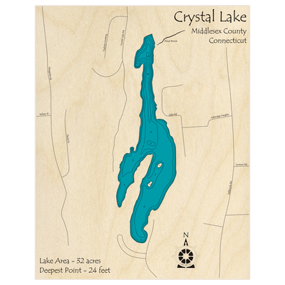 Bathymetric topo map of Crystal Lake with roads, towns and depths noted in blue water