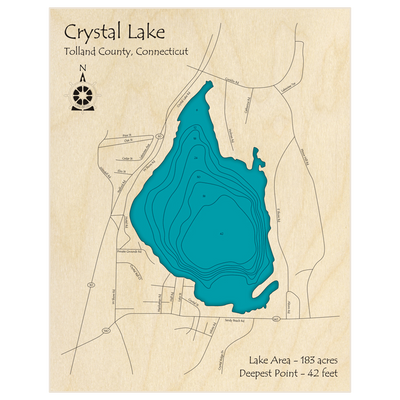 Bathymetric topo map of Crystal Lake with roads, towns and depths noted in blue water