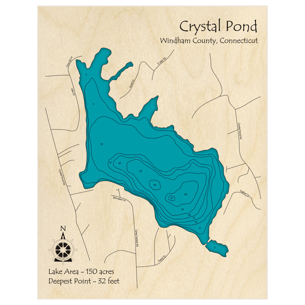 Bathymetric topo map of Crystal Pond with roads, towns and depths noted in blue water