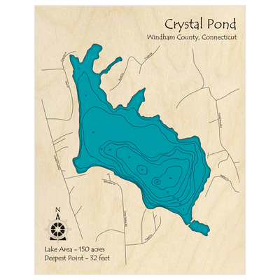 Bathymetric topo map of Crystal Pond with roads, towns and depths noted in blue water