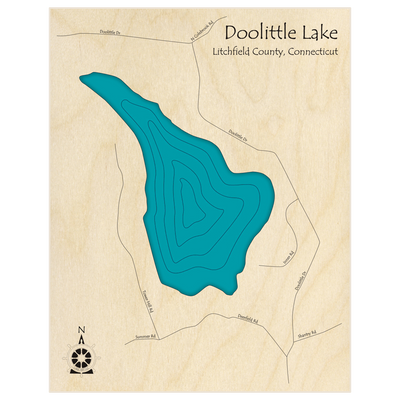 Bathymetric topo map of Doolittle Lake  with roads, towns and depths noted in blue water