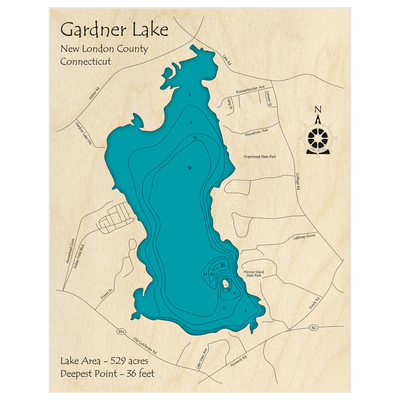 Bathymetric topo map of Gardner Lake with roads, towns and depths noted in blue water