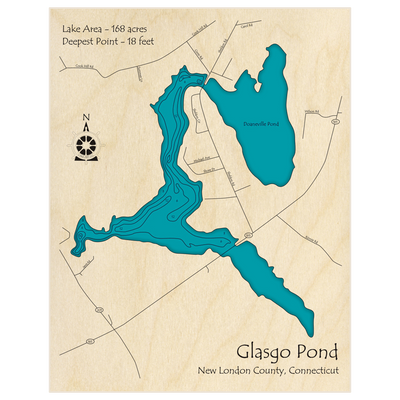 Bathymetric topo map of Glasgo Pond with roads, towns and depths noted in blue water