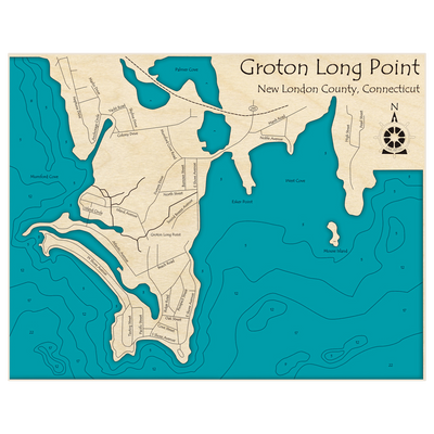 Bathymetric topo map of Groton Long Point with roads, towns and depths noted in blue water