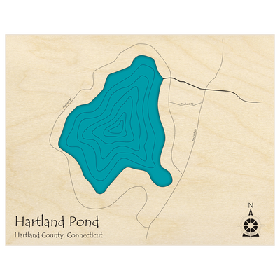 Bathymetric topo map of Hartland Pond  with roads, towns and depths noted in blue water