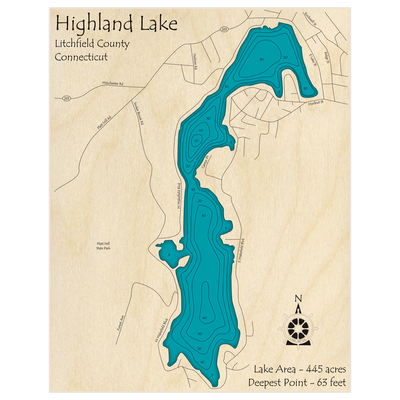 Bathymetric topo map of Highland Lake with roads, towns and depths noted in blue water