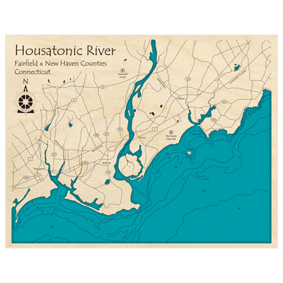 Bathymetric topo map of Mouth of the Housatonic River (near Milford) with roads, towns and depths noted in blue water