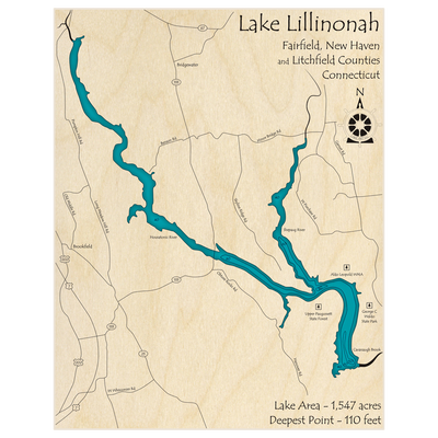 Bathymetric topo map of Lake Lillinonah with roads, towns and depths noted in blue water