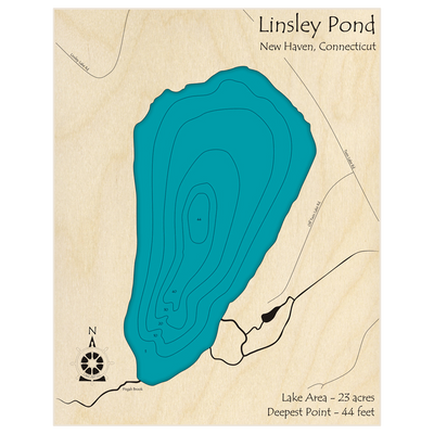 Bathymetric topo map of Linsley Lake with roads, towns and depths noted in blue water