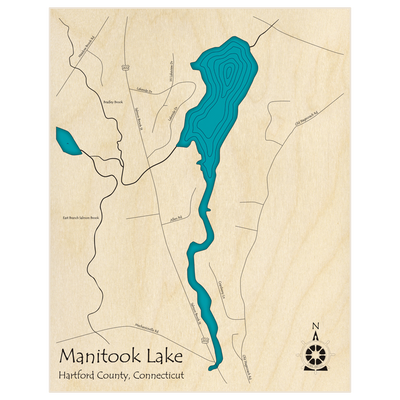 Bathymetric topo map of Manitook Lake  with roads, towns and depths noted in blue water