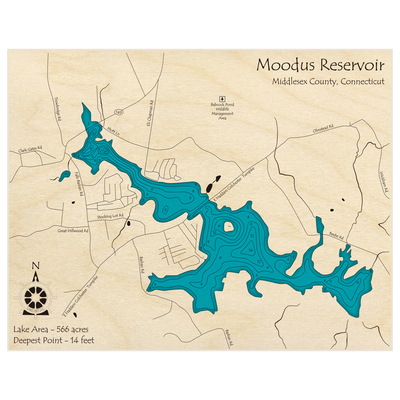 Bathymetric topo map of Moodus Reservoir with roads, towns and depths noted in blue water