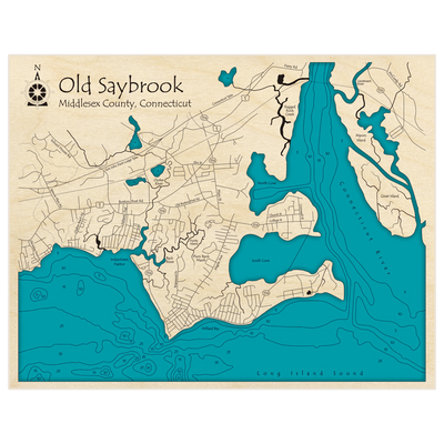 Bathymetric topo map of Old Saybrook with roads, towns and depths noted in blue water