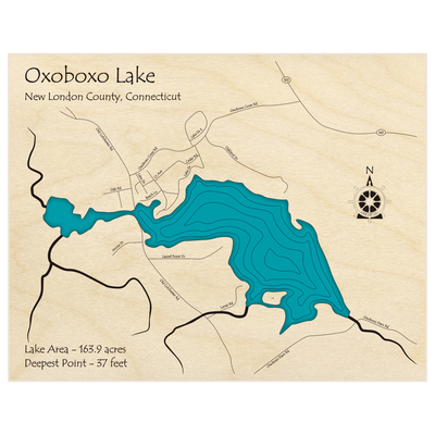 Bathymetric topo map of Oxoboxo Lake with roads, towns and depths noted in blue water