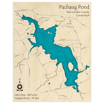 Bathymetric topo map of Pachaug Pond with roads, towns and depths noted in blue water