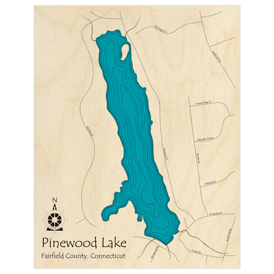 Bathymetric topo map of Pinewood Lake  with roads, towns and depths noted in blue water