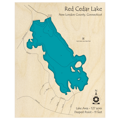 Bathymetric topo map of Red Cedar Lake with roads, towns and depths noted in blue water