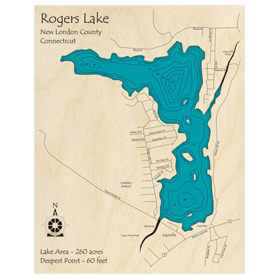 Bathymetric topo map of Rogers Lake with roads, towns and depths noted in blue water