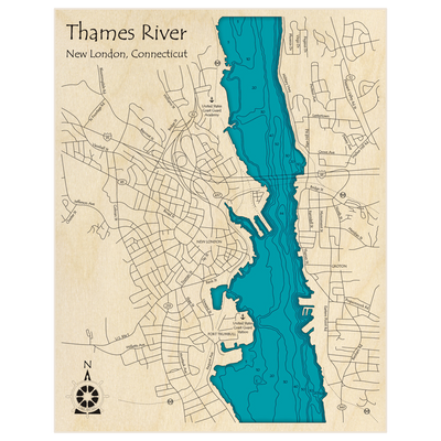 Bathymetric topo map of Thames River (at New London and Groton) with roads, towns and depths noted in blue water