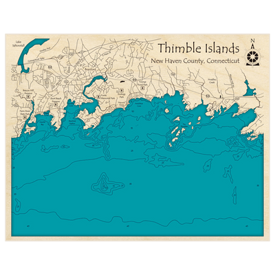 Bathymetric topo map of Thimble Islands with roads, towns and depths noted in blue water